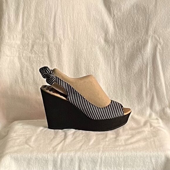 Rocketdog Black/White Stripe Black Denim Wedge Sandals - Picture 8 of 9